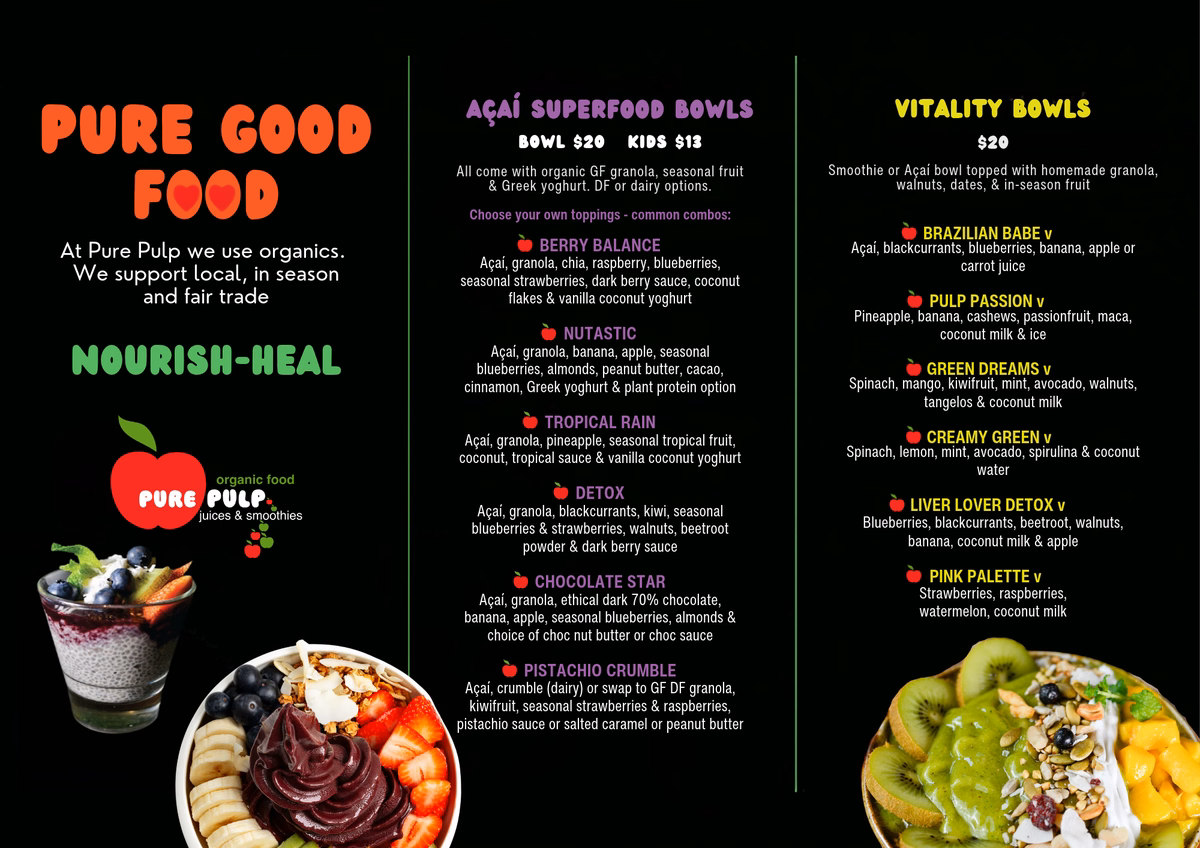Pure Pulp menu page 2: açaí superfood bowls and vitality bowls